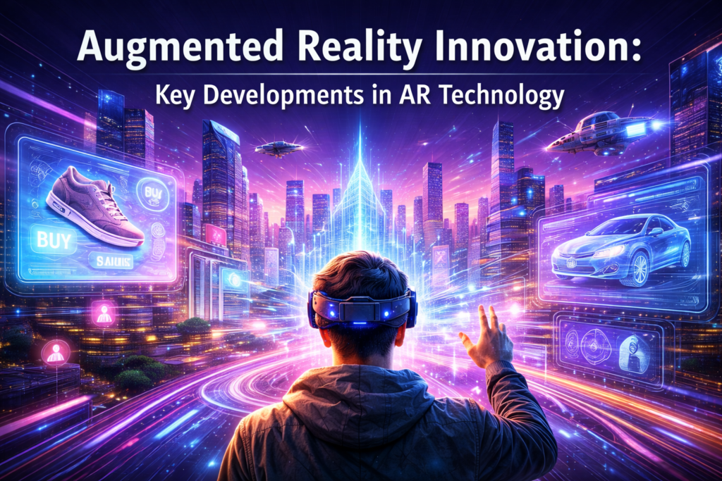 A person wearing augmented reality goggles interacts with virtual displays in a vibrant, futuristic city, showcasing the latest innovations in AR technology.