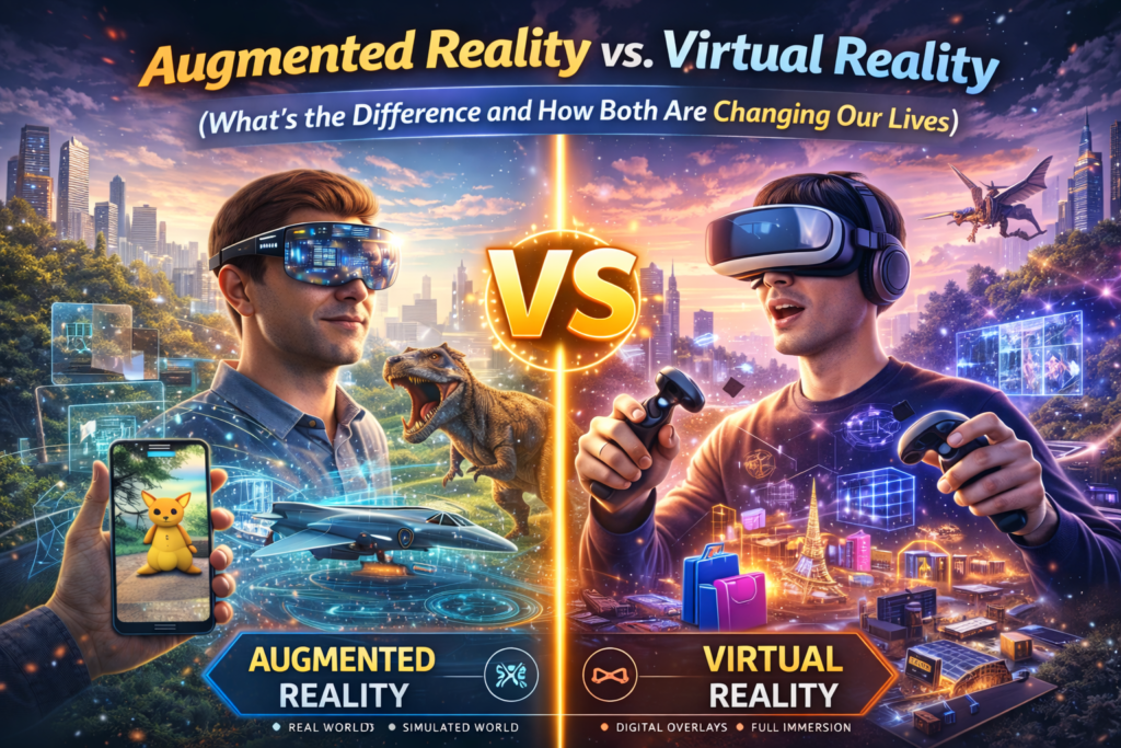 Person wearing AR glasses, interacting with digital content in the real world, while another person is fully immersed in a virtual world using a VR headset, showcasing the differences between augmented and virtual reality.