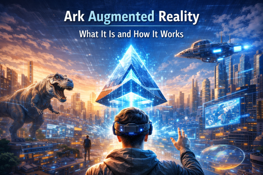 An individual wearing an AR headset interacts with a holographic dinosaur and futuristic cityscape, showcasing the immersive experience of Ark Augmented Reality technology.