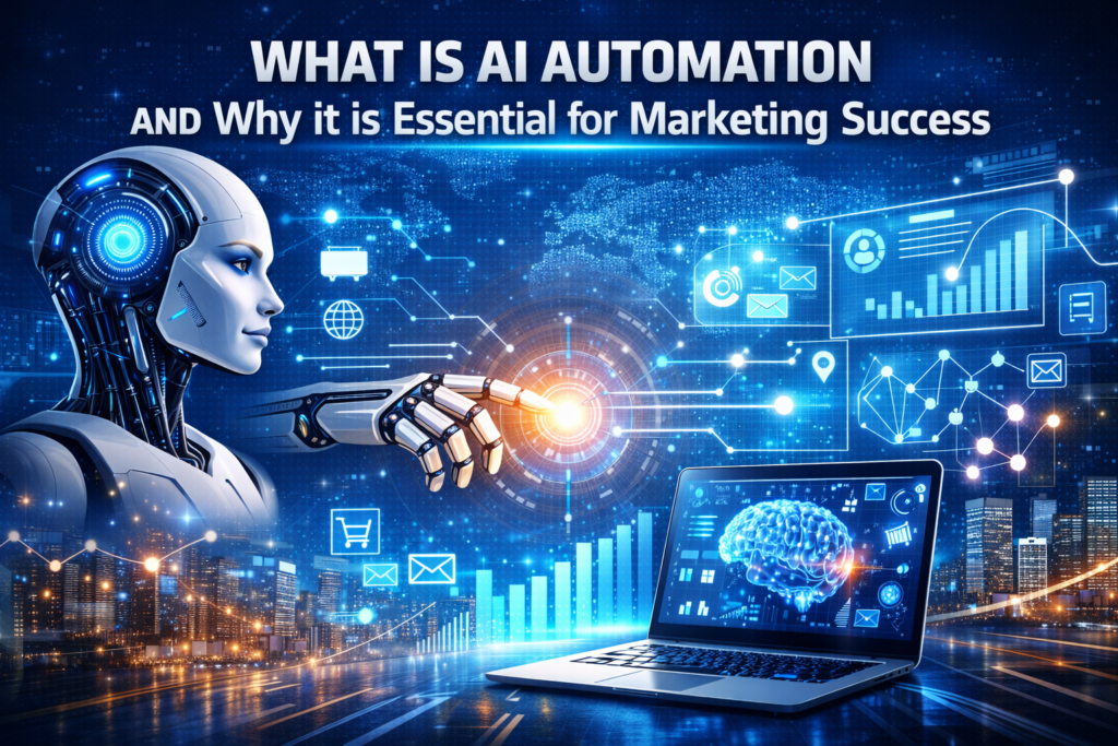 AI automation digital marketing concept featuring a robotic arm interacting with a glowing interface and a laptop displaying a digital brain, symbolizing the role of AI in marketing success, set against a futuristic cityscape with interconnected digital elements.