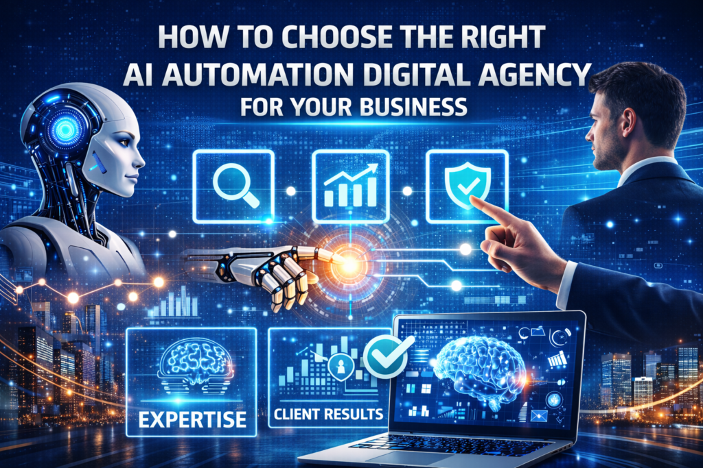 Digital illustration representing how to choose the right AI automation digital agency for your business, featuring a robotic head, businessman, and glowing icons symbolizing expertise, client results, and data security, set against a futuristic cityscape with interconnected digital elements.