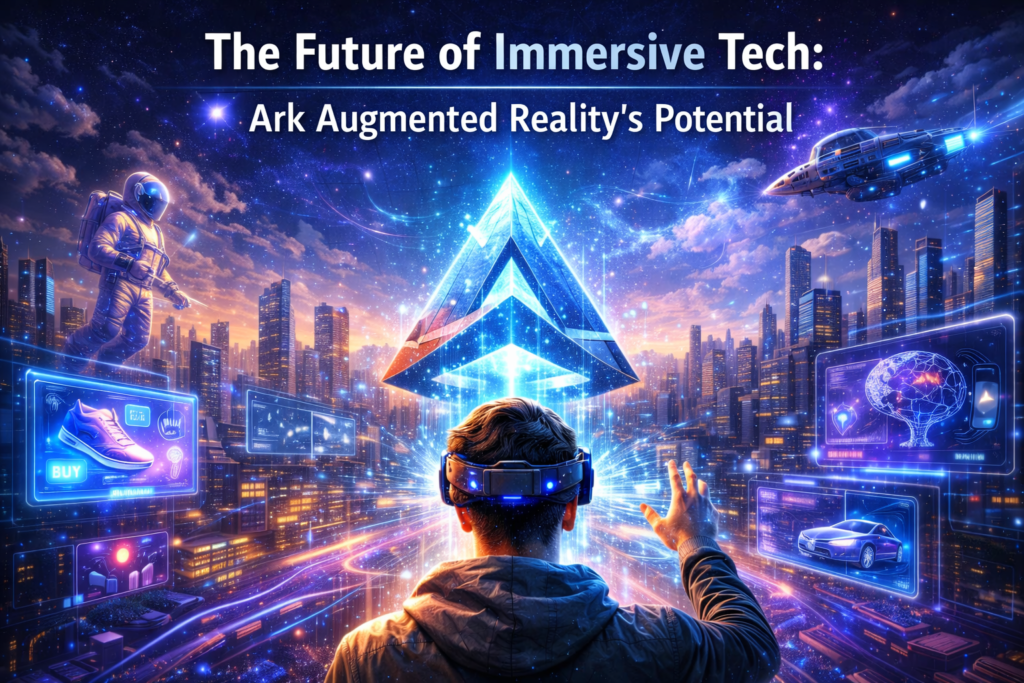 A person wearing advanced AR goggles interacts with floating holographic displays of products and data in a futuristic cityscape, showcasing the potential of immersive AR technology.