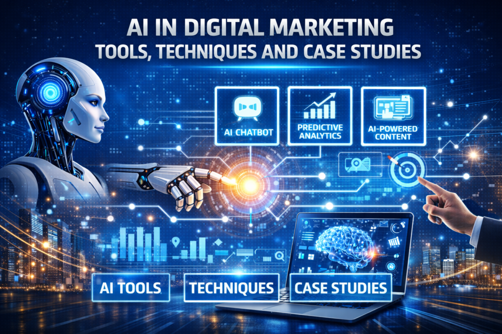 AI in digital marketing concept featuring a robotic arm interacting with a glowing interface, showcasing tools like AI chatbots, predictive analytics, and AI-powered content, all connected by vibrant digital lines and displayed on a laptop with a digital brain, symbolizing the integration of AI in marketing strategies.