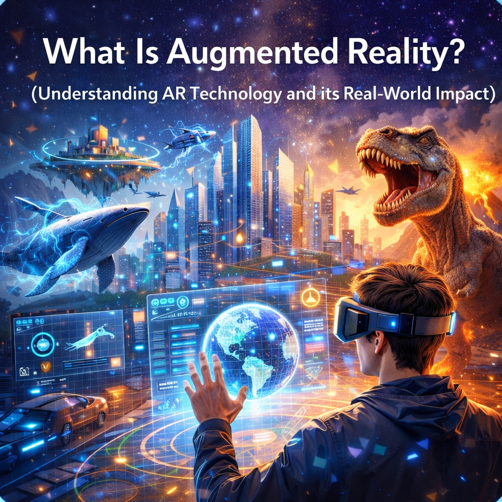 Futuristic augmented reality scene showing a person using AR glasses with holographic interfaces, digital objects, and a smart city environment representing immersive AR technology.