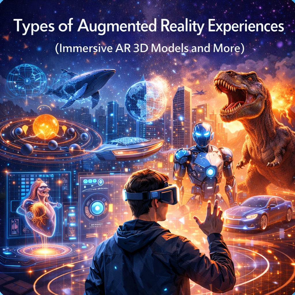 Person using augmented reality headset interacting with multiple AR 3D holograms including planets, dinosaur, robot, car, and human anatomy model representing different types of immersive augmented reality experiences.