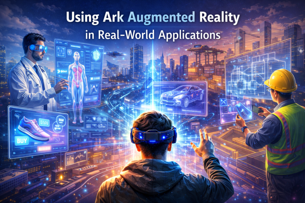 Various professionals using Ark Augmented Reality goggles in practical settings: a doctor analyzing medical data, a mechanic working on vehicle systems, and a construction worker reviewing blueprints, all enhanced by holographic AR visuals in a futuristic cityscape.