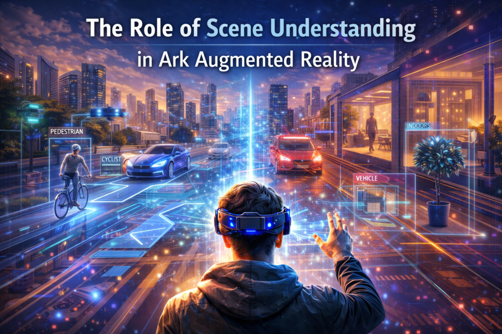 A person wearing advanced AR goggles interacts with holographic displays of real-world elements like pedestrians, cyclists, vehicles, and indoor objects, demonstrating how Ark Augmented Reality’s scene understanding enhances the immersive experience in urban settings