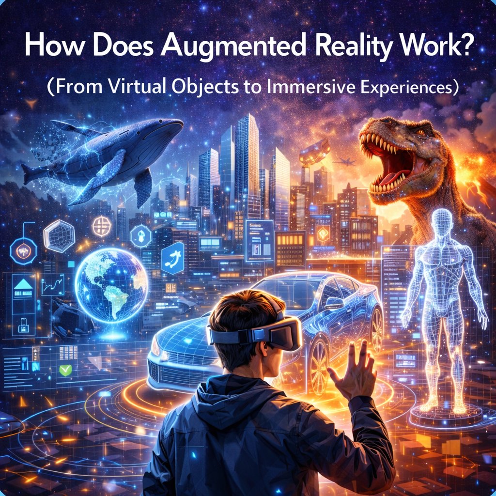 Illustration of a person using augmented reality glasses interacting with virtual holographic objects and digital interfaces, demonstrating how augmented reality works and creates immersive experiences.