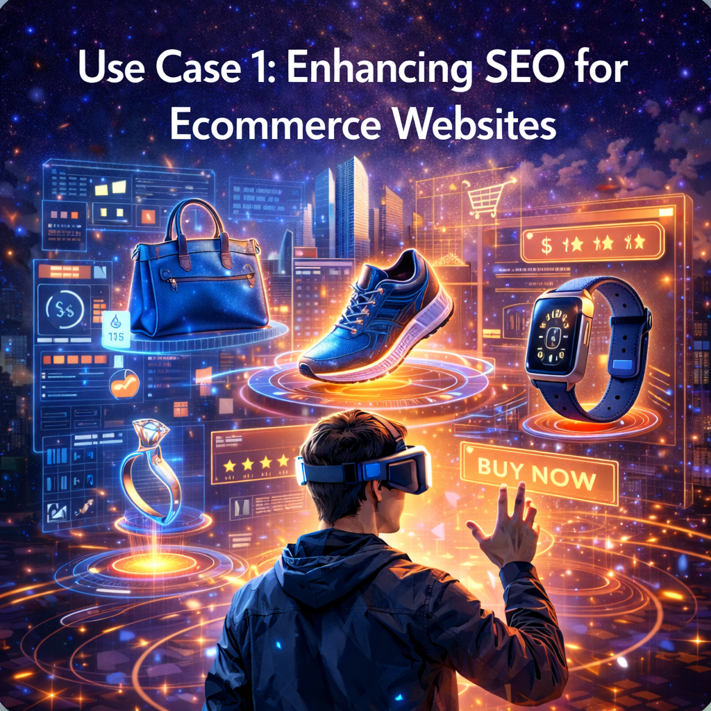 Person using augmented reality headset to view 3D holographic products like shoes, bag, watch, and jewelry representing AR technology improving e-commerce shopping and SEO experience.