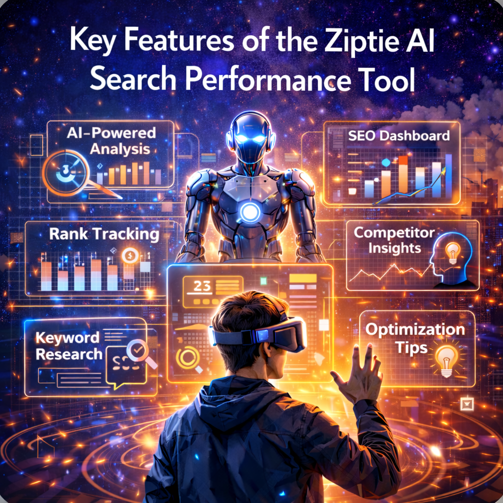Futuristic illustration showing Ziptie AI search performance tool dashboard with AI-powered SEO analysis, keyword research, rank tracking, competitor insights, and optimization tips displayed as holographic data panels.