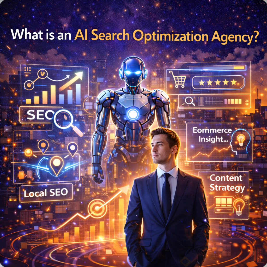 Illustration showing an AI robot and digital SEO dashboards with graphs, keyword search, local SEO, and content strategy elements representing the concept of an AI search optimization agency.