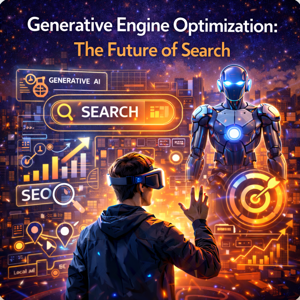 Futuristic illustration showing a person interacting with an AI robot and digital search interface representing generative engine optimization, AI search technology, and the future of search engines.