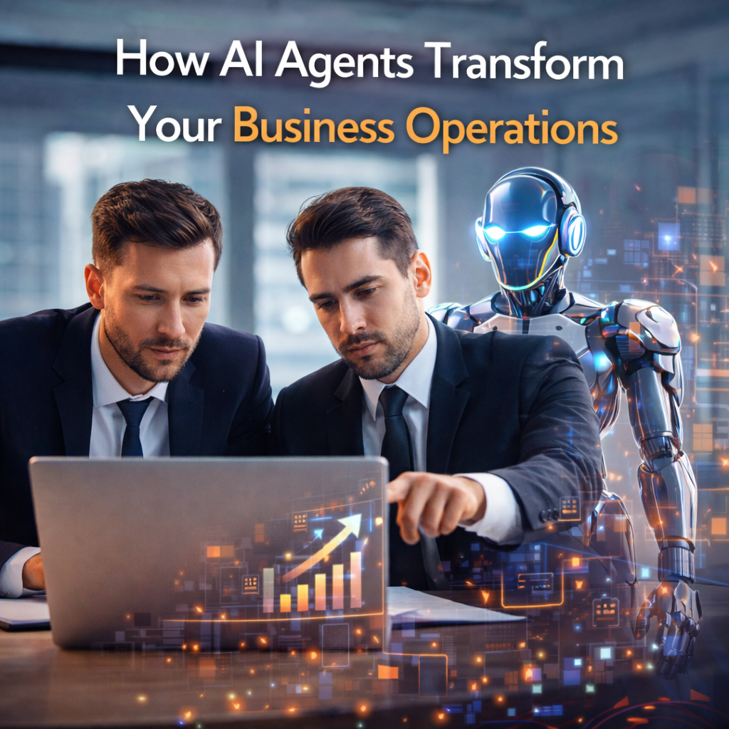 Two businessmen analyzing data on a laptop with an AI robot assistant in a modern office, illustrating how AI agents transform business operations and improve productivity.