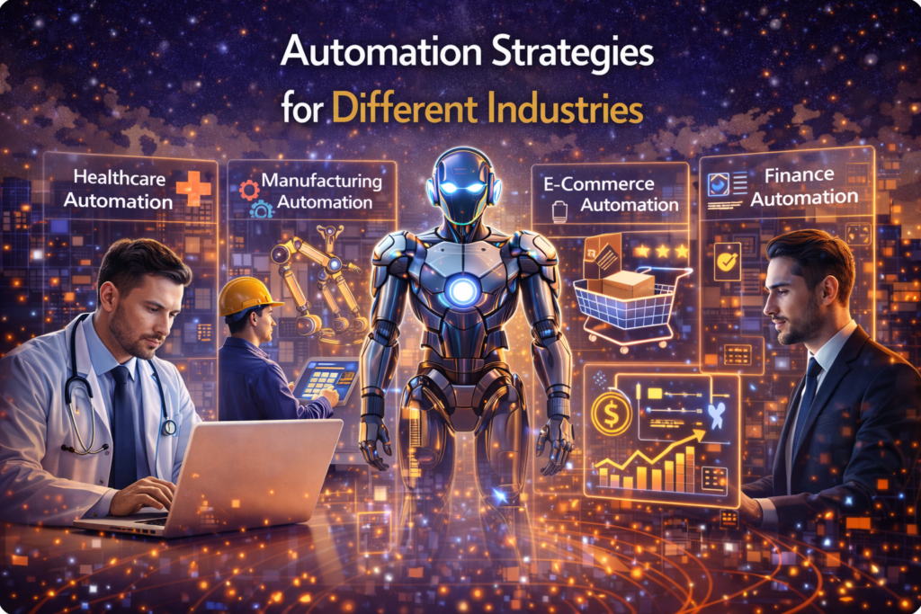 AI robot and professionals from healthcare, manufacturing, e-commerce, and finance using digital dashboards to represent automation strategies across different industries.