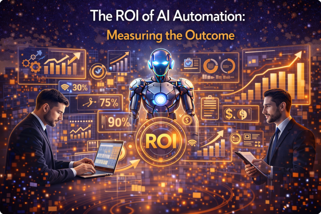 Business professionals analyzing AI automation ROI with digital dashboards, charts, and an AI robot representing data-driven performance and business growth.