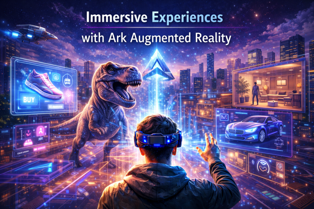 A person wearing Ark AR goggles interacts with holographic elements like a dinosaur, shopping interface, and sports car in a futuristic city, showcasing the power of immersive augmented reality technology.