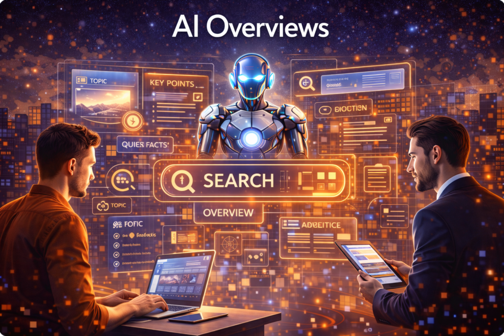 AI robot presenting AI-generated search overviews on digital screens while two professionals analyze summarized search results and data insights on laptops.