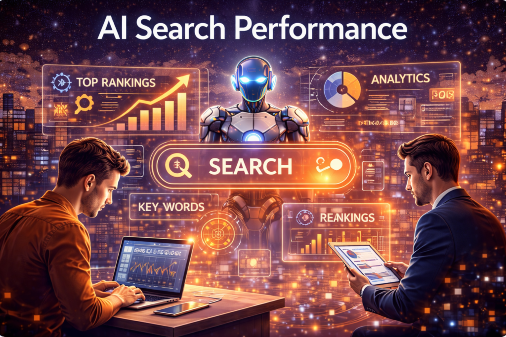 Illustration of AI search performance analysis with an AI robot and professionals reviewing keyword rankings, analytics dashboards, and search data for improved SEO performance.