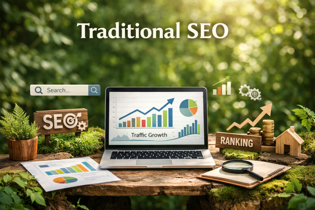 Traditional SEO concept with laptop showing analytics charts on a wooden table in a natural outdoor environment with plants, search icon, ranking symbols, and organic growth elements.