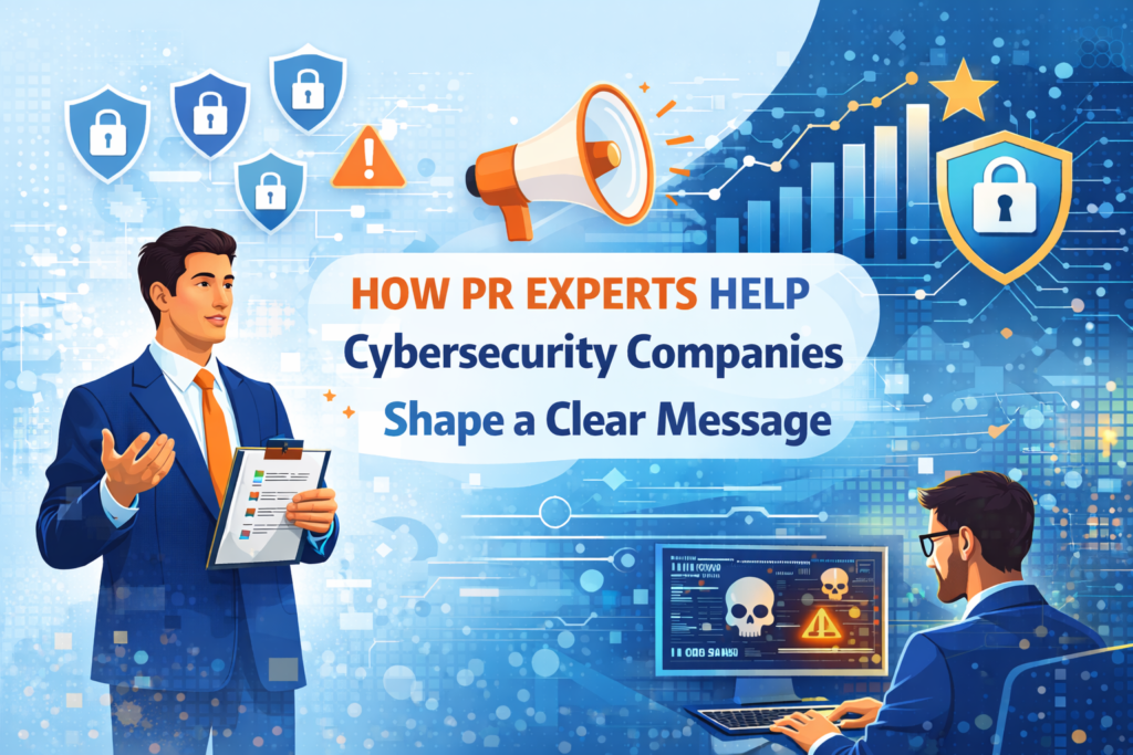 PR expert explaining cybersecurity communication strategy with digital security icons and cyber threat symbols illustrating how cybersecurity companies shape a clear message.