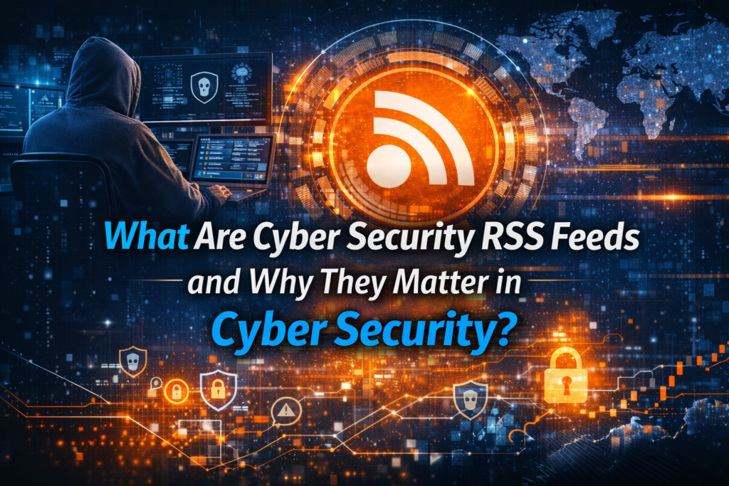Digital illustration featuring the question 'What Are Cyber Security RSS Feeds and Why They Matter in Cyber Security?' with a hooded figure observing computer screens a glowing orange RSS feed icon and cyber security symbols like shields padlocks and data lines.