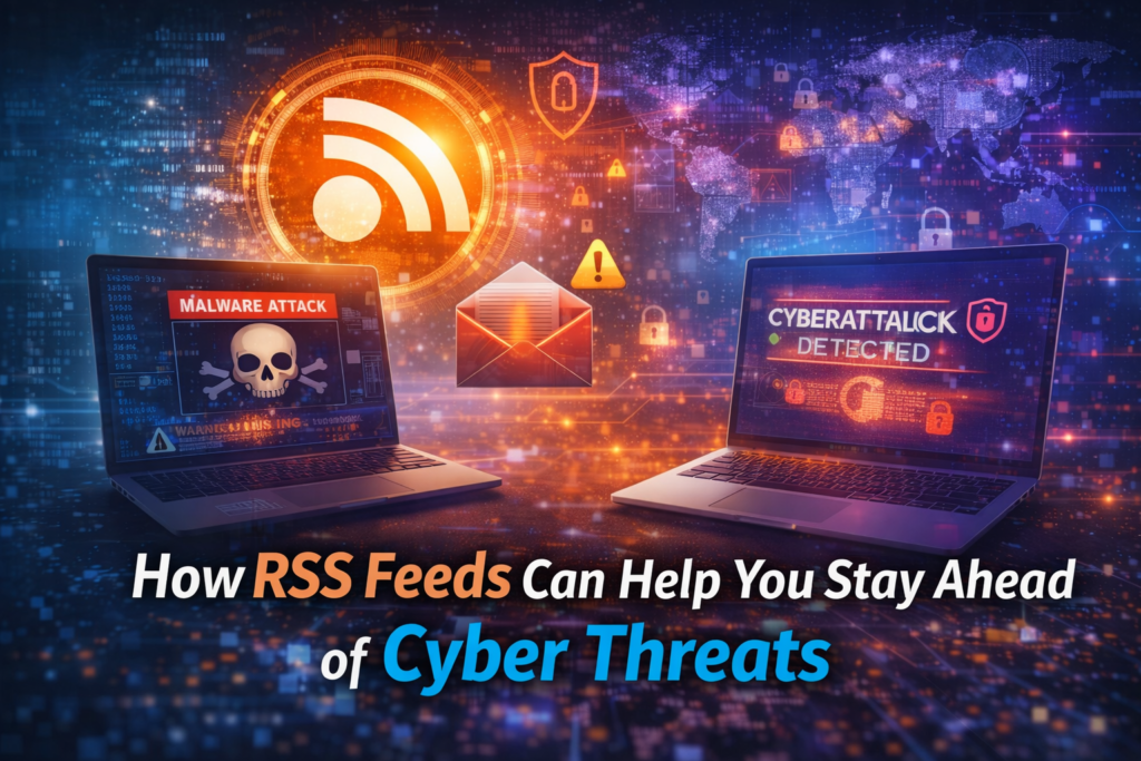 Digital illustration highlighting how RSS feeds can help you stay ahead of cyber threats featuring two laptops with malware and cyberattack alerts a glowing orange RSS icon and a futuristic cyber security themed background.