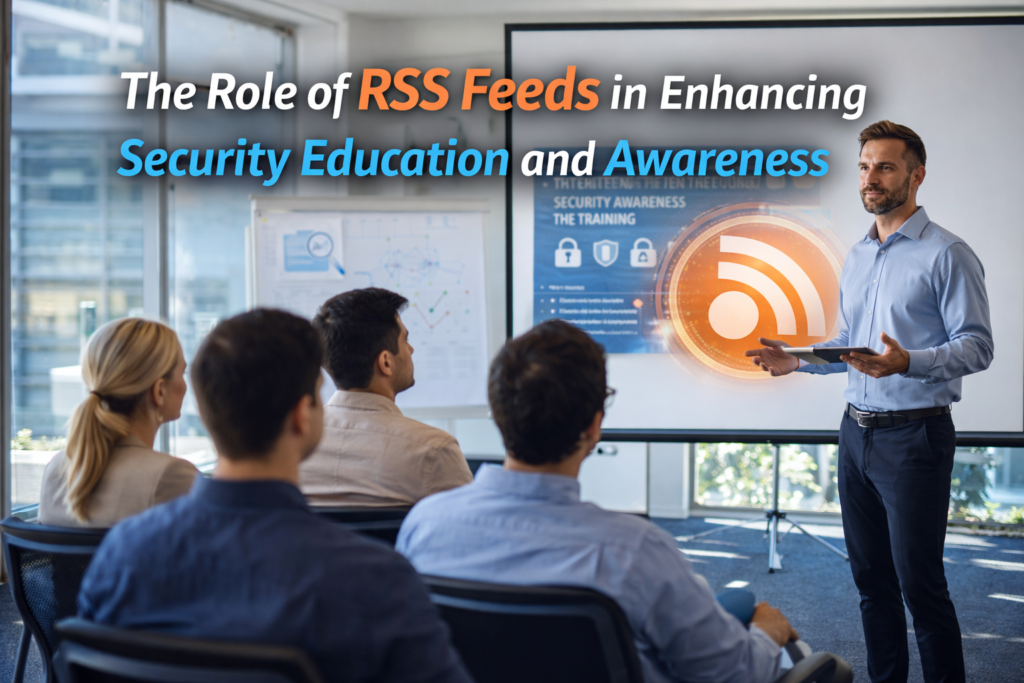 A modern office setting showing a presenter leading a security awareness session on RSS feeds. The presenter is holding a tablet and speaking to a group of professionals with a screen displaying a security awareness presentation and a glowing RSS feed icon.