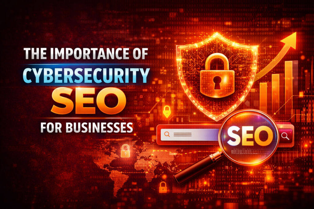 The Importance of Cybersecurity SEO for Businesses with shield, lock, SEO search bar, and growth graph on a red digital background.