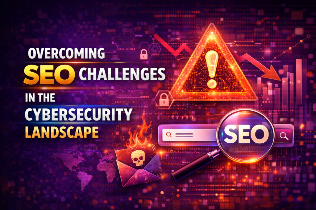 Overcoming SEO Challenges in the Cybersecurity Landscape with warning triangle, SEO search bar, and a burning envelope on a purple digital background.