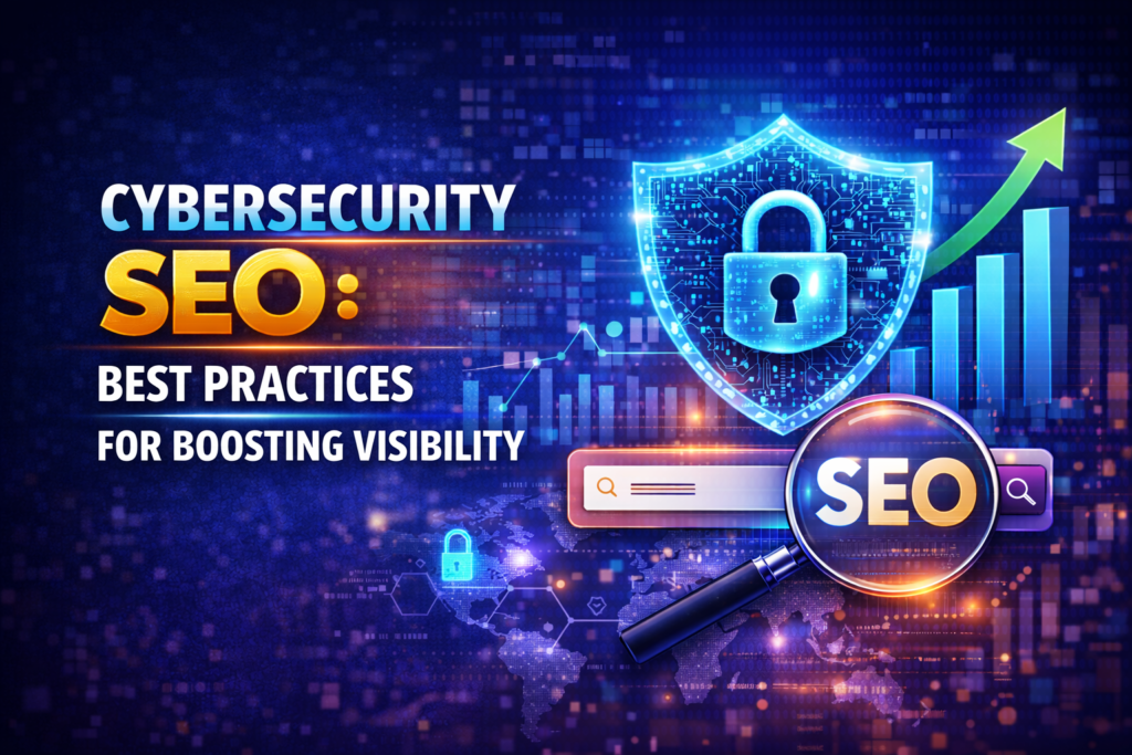 Cybersecurity SEO Best Practices for Boosting Visibility with shield, lock, SEO search bar, and upward graph on a digital background.
