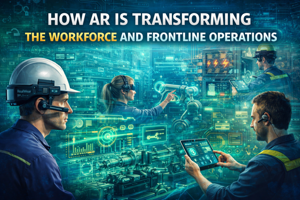 Augmented reality transforming workforce and frontline operations with technicians using AR tools and digital interfaces in a smart industrial environment
