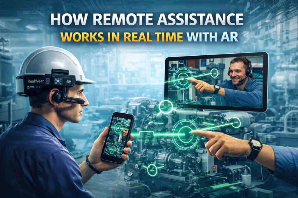 Remote assistance in real time using augmented reality showing technician and expert collaboration with live AR annotations on industrial machinery