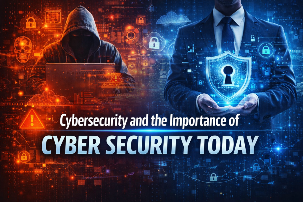 Cybersecurity importance concept showing hacker threat vs digital protection shield in modern cyber security environment