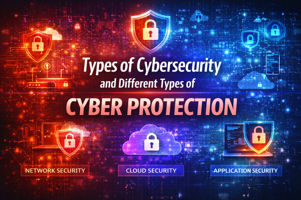 Types of cybersecurity and different types of cyber protection including network security, cloud security and application security illustration