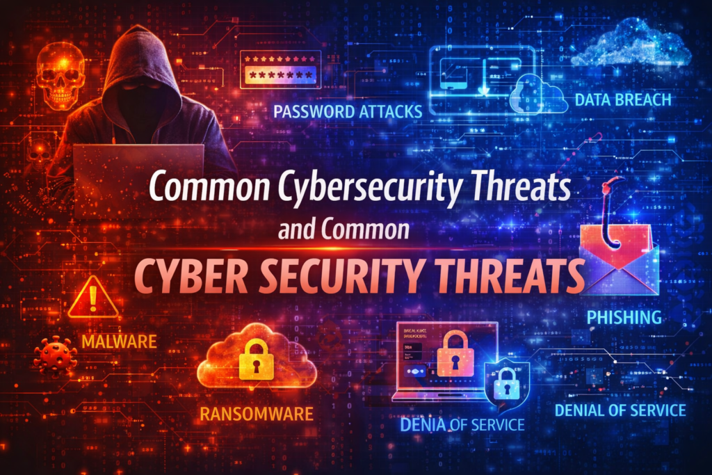Common cybersecurity threats illustration showing malware, phishing, data breach and cyber attack risks in digital environment