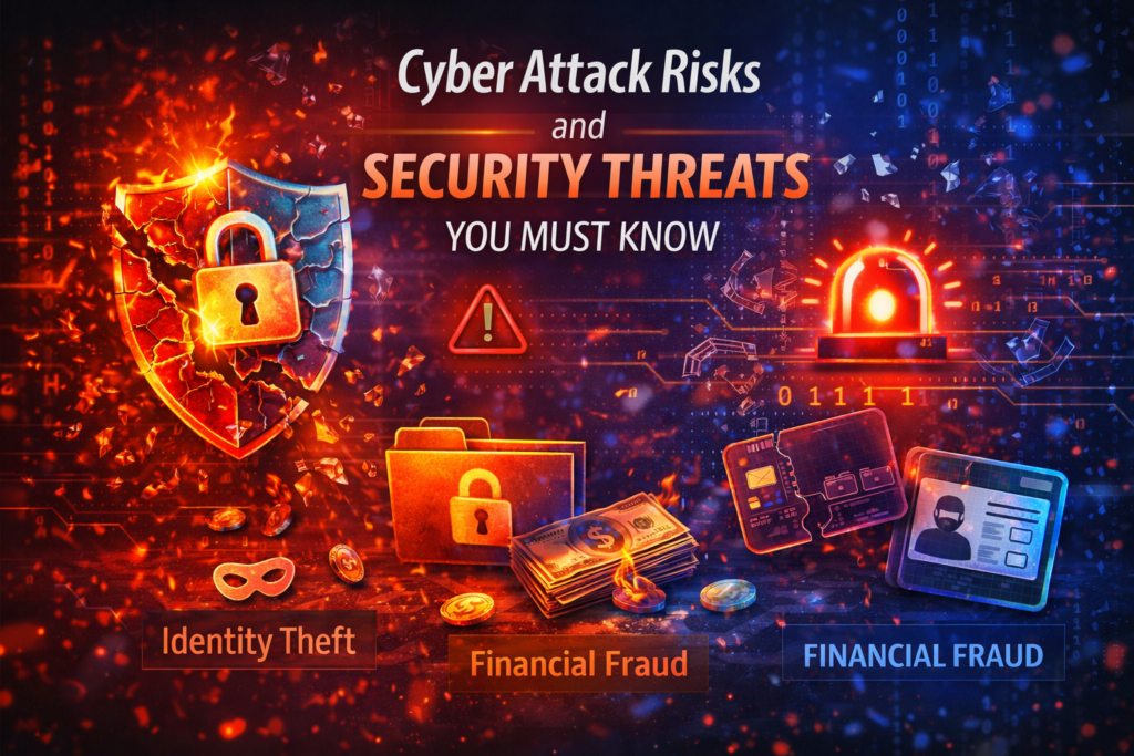Cyber attack risks illustration showing identity theft, financial fraud and data breach with broken digital security shield