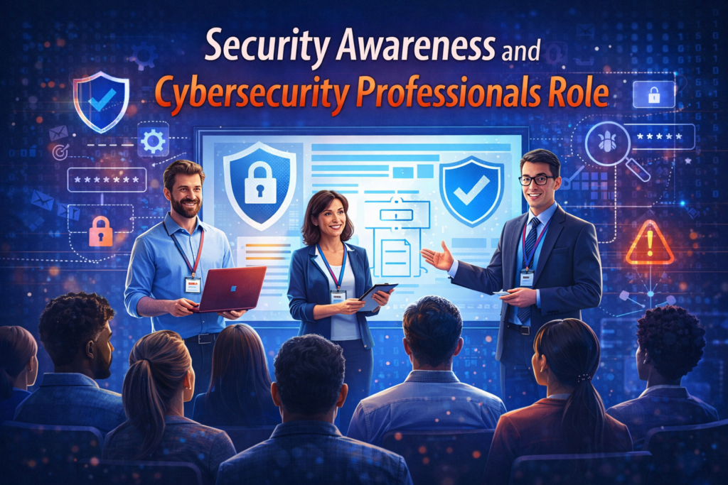 Security awareness training with cybersecurity professionals teaching data protection and cyber security best practices