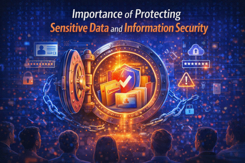Importance of protecting sensitive data illustration showing secure information systems, data protection and digital security environment