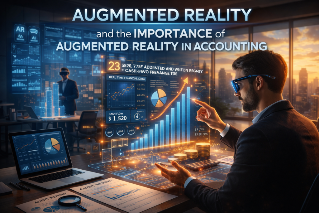 Augmented reality in accounting showing male professional using AR glasses to analyze financial data with real time data visualization
