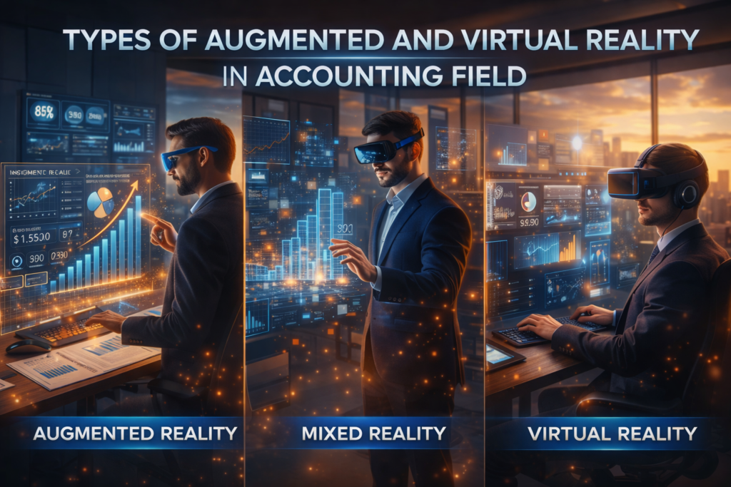Types of augmented and virtual reality in accounting showing AR VR and mixed reality used for financial data visualization and analysis