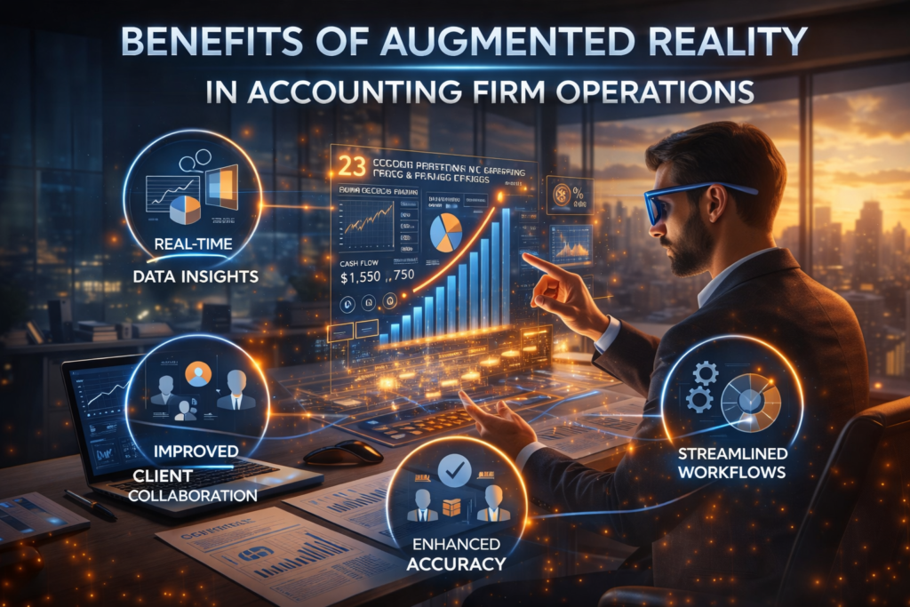 Benefits of augmented reality in accounting firm operations showing real time data visualization improved accuracy and streamlined workflow