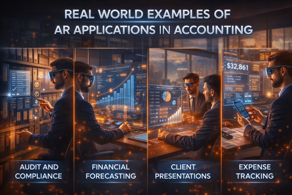 Real world examples of AR applications in accounting showing audit financial forecasting client presentations and expense tracking with augmented reality