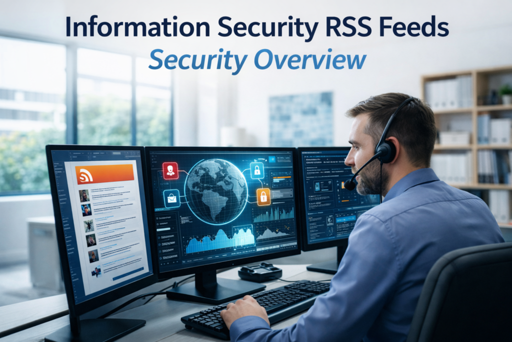 Information security rss feeds security overview showing cybersecurity professional monitoring rss reader and threat data in a modern office