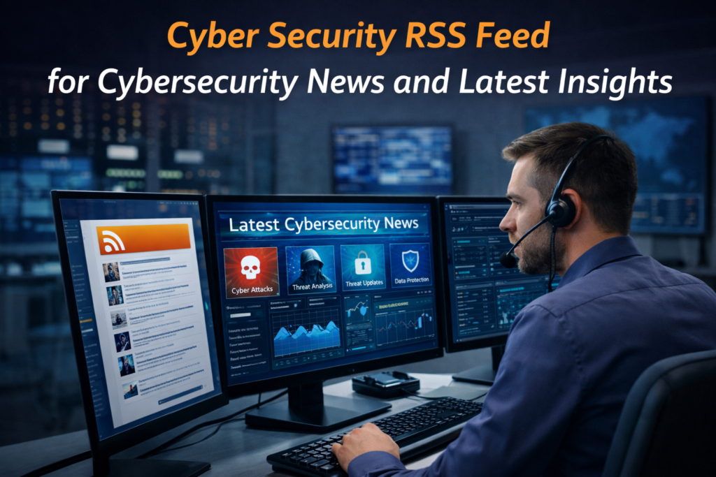 Cyber security rss feed for cybersecurity news and latest insights showing professional monitoring rss reader and real time threat intelligence in modern office