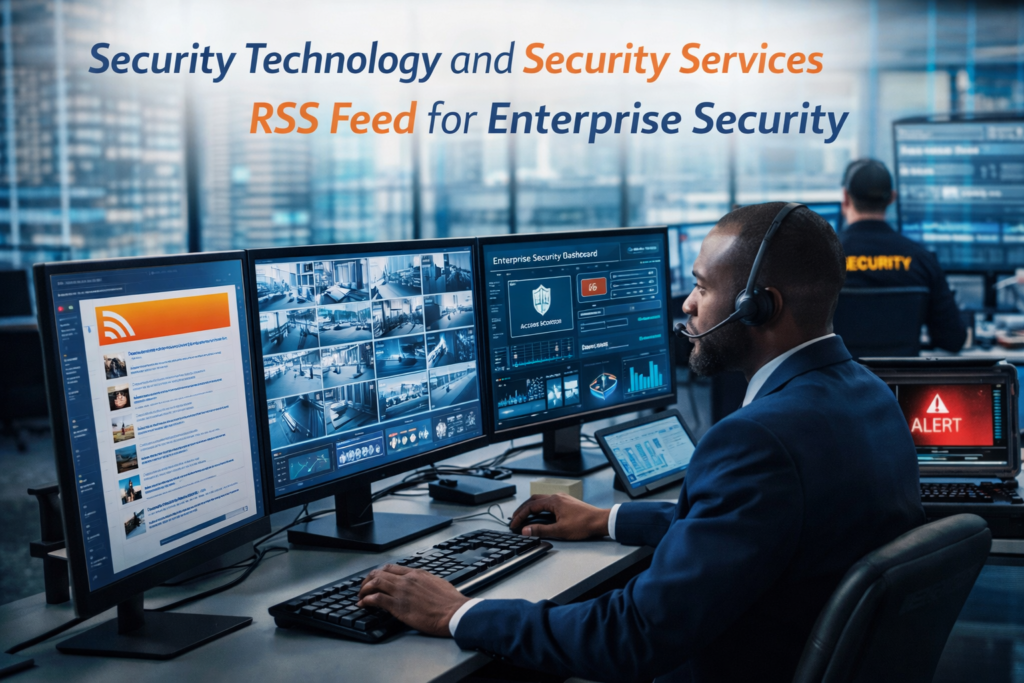 Security technology and security services rss feed for enterprise security showing professional monitoring dashboards and real time security data in modern office