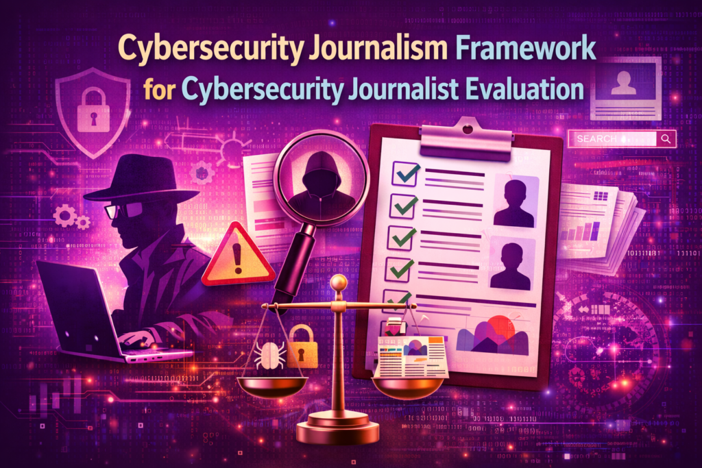Cybersecurity journalism framework for cybersecurity journalist evaluation showing reporting standards and credibility assessment