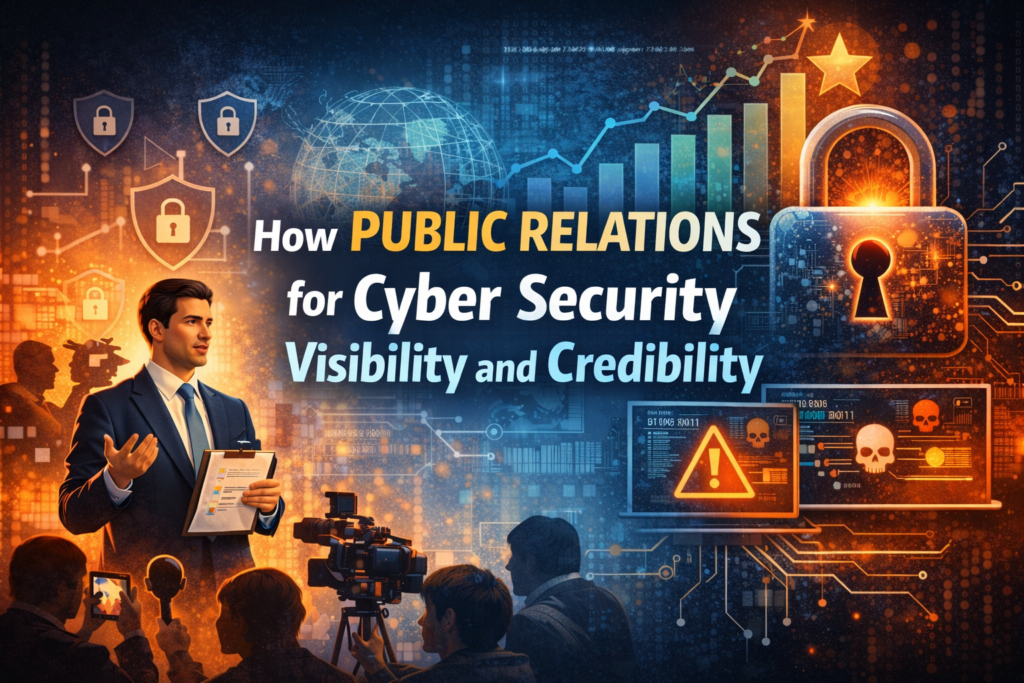 Public relations for cyber security concept showing a spokesperson addressing media while cybersecurity icons, data threat alerts, and a digital lock represent visibility and credibility in cyber communication.