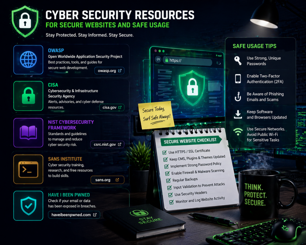Cyber Security Resources for Secure Websites and Safe Usage featuring a cybersecurity expert monitoring website security on multiple screens. The scene includes digital security icons like padlocks and shields, with a central laptop displaying a secure website, emphasizing the importance of HTTPS, secure browsing, and digital protection strategies for safe web usage.