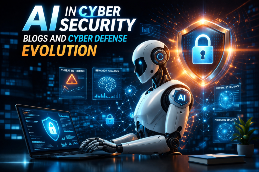 AI in cyber security blogs and cyber defense evolution showing futuristic robot analyzing data with digital protection shield and threat detection interface.