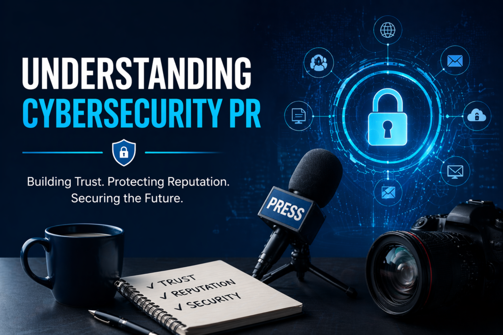 Understanding Cybersecurity PR with a press setup microphone and laptop, highlighting trust reputation and security in a futuristic digital environment.